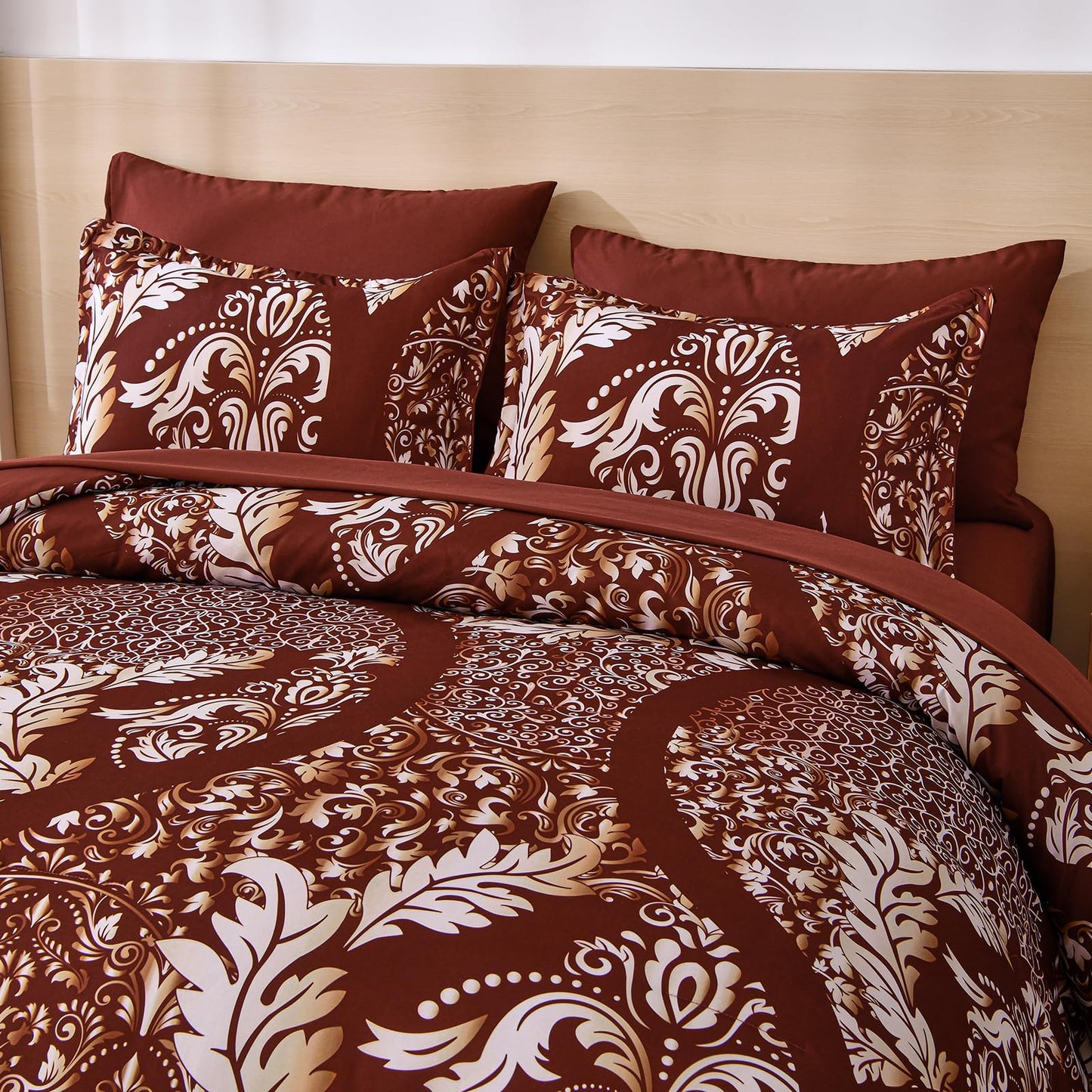 Anibedding Burgundy Comforter Set King Size, 7 Pieces Bed in a Bag Bohemian Damask Comforter Set, Soft Lightweight Microfiber Bedding Set for All Season (104"x90")