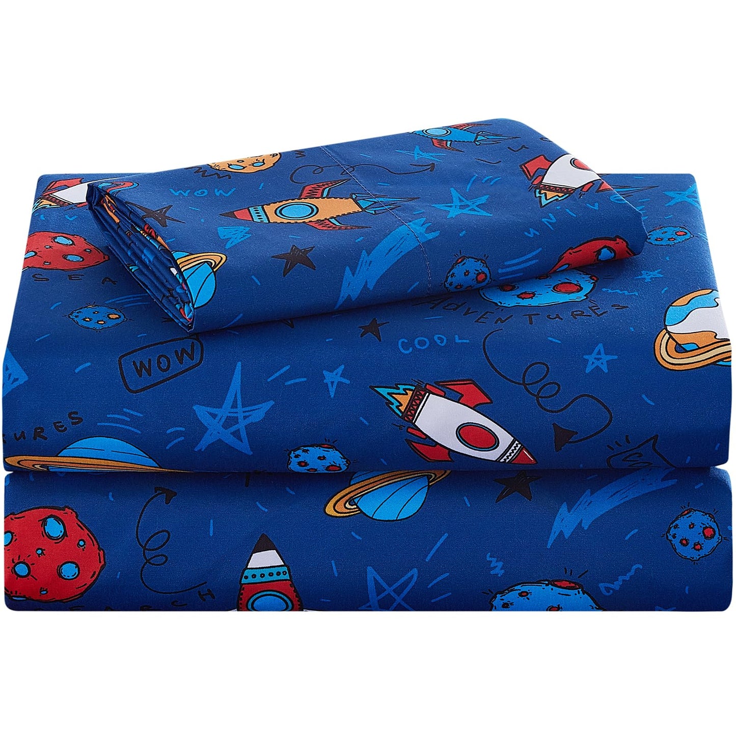 lasoftan Kids Sheet Set Twin Size, Twin Sheet Set with Space Universe Pattern，Breathable Silky Soft Microfiber Kids Fitted Sheet