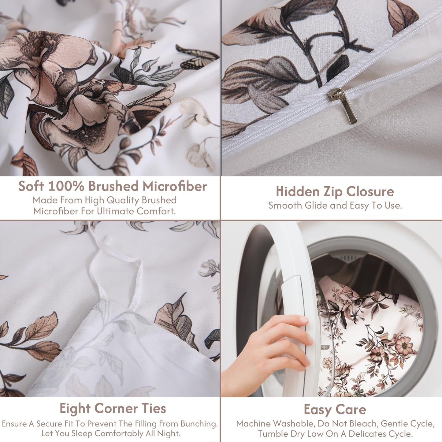 LONAVA Queen Floral 3 Pcs Duvet Cover Set, Breathable Soft Microfiber Light Grey Lining Comforter Cover with Zipper Closure, and 2 Anti-Pilling, Fade Resistant Pillowcases, Withered Flowers