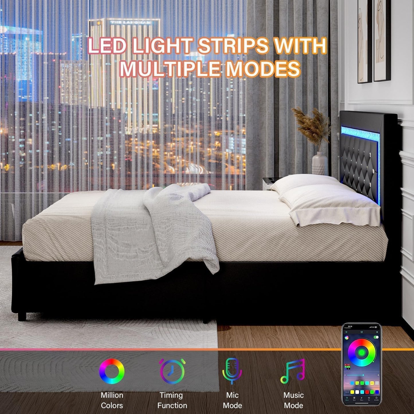 BarnFurin Twin Bed Frames with LED Lights and Storage Drawers, Upholstered Bed Frame with Diamond Headboard, Faux Leather Modern Platform Bed, Wooden Slats Support, No Box Spring Needed, Black