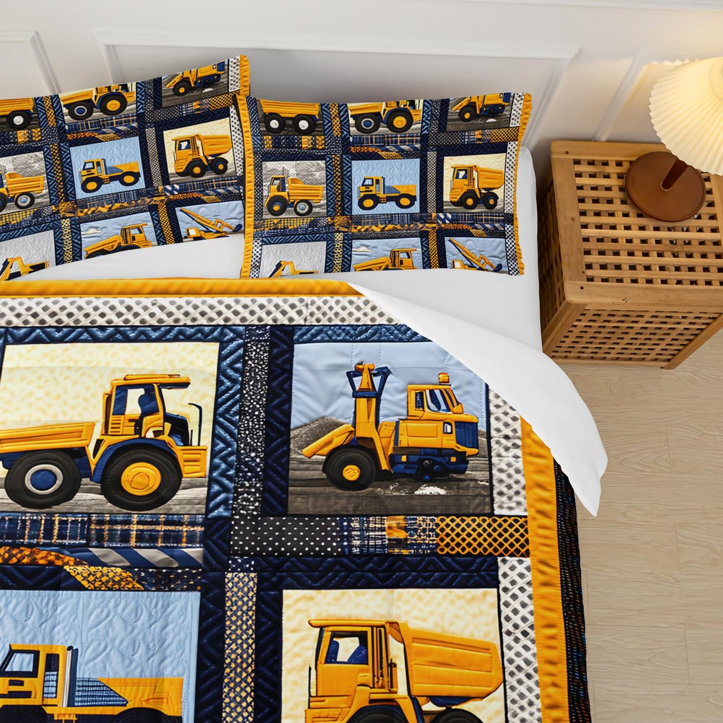lneffble Kids Excavator Comforter Set Twin,Boys Construction Bedding Set,Yellow Vehicles Excavator Tractor Print Bedding Set,Soft Microfiber Cartoon Truck Quilt Set for Room Decor