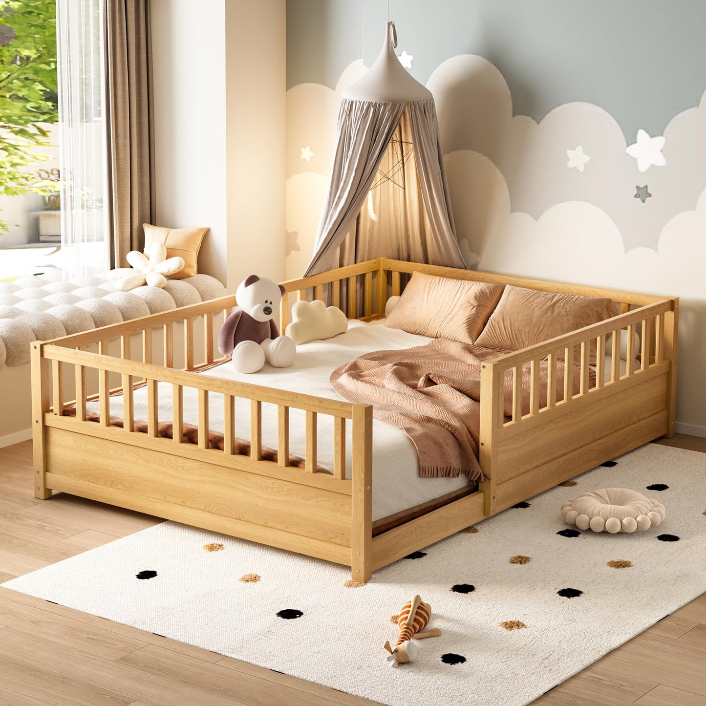 KEIKI Full Size Floor Bed, Montessori Floor Bedframe with Fence, Wood Bed with Support Slat for Living Room, Natural