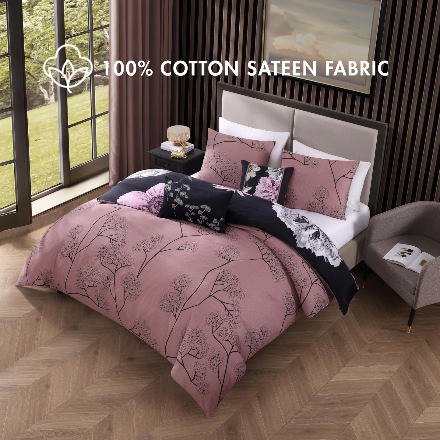Bebejan Midnight Meadow 5 Piece Comforter Set, 100% Cotton Sateen, 220 Thread Count, Black Reversible Bedding Comforter Set, 1 Comforter, 2 Shams & 2 Pillows (King/Cal King)