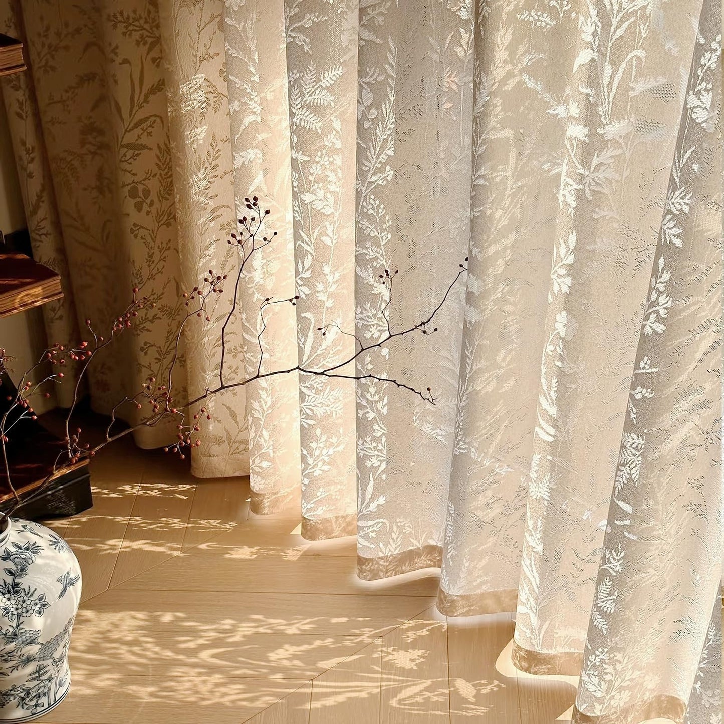 LANTIME Natural Off White Pinch Pleated Lace Sheer Curtains 84 Inch Long for Bedroom Living Room, Soft Thick Textured Window Drapes Light Filtering Semi Curtains, 52" W x 84" L, Set of 2
