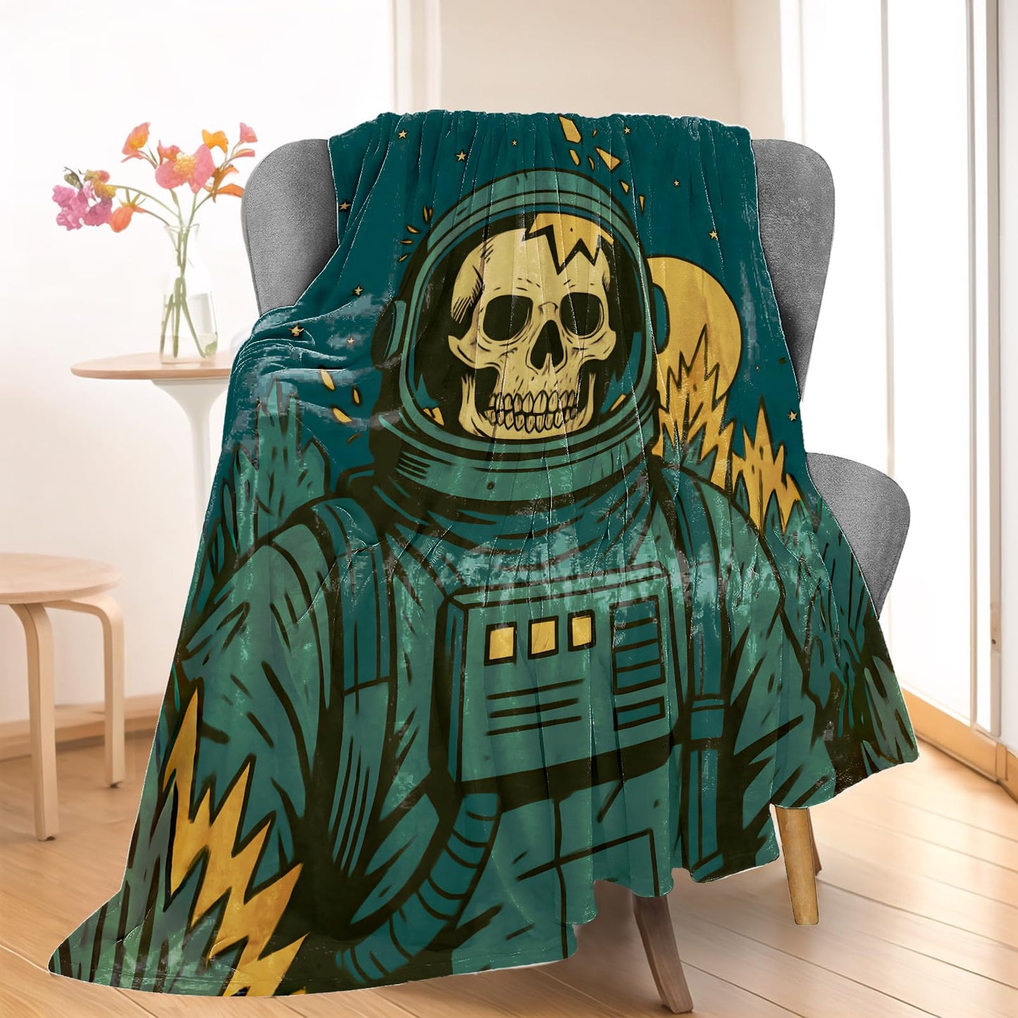 Wanoryer Cool Skull Astronaut Blanket, Comfy & Warm Flannel Space Explorer Skeleton Throw Blanket for Couch, Gifts for Men Boys Kids, Soft Lightweight Travel Bed Couch Blankets for Decor 50"×60"