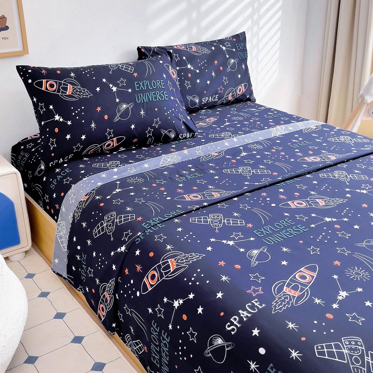 Homilay Full Sheet Set Kids - Navy Blue 4 Pieces Soft Microfiber Cartoon Style Bedsheets for Boys Girls Teens, Oeko TEX Breathable 15 Inch Deep Pocket Sheets(Space Rocket)