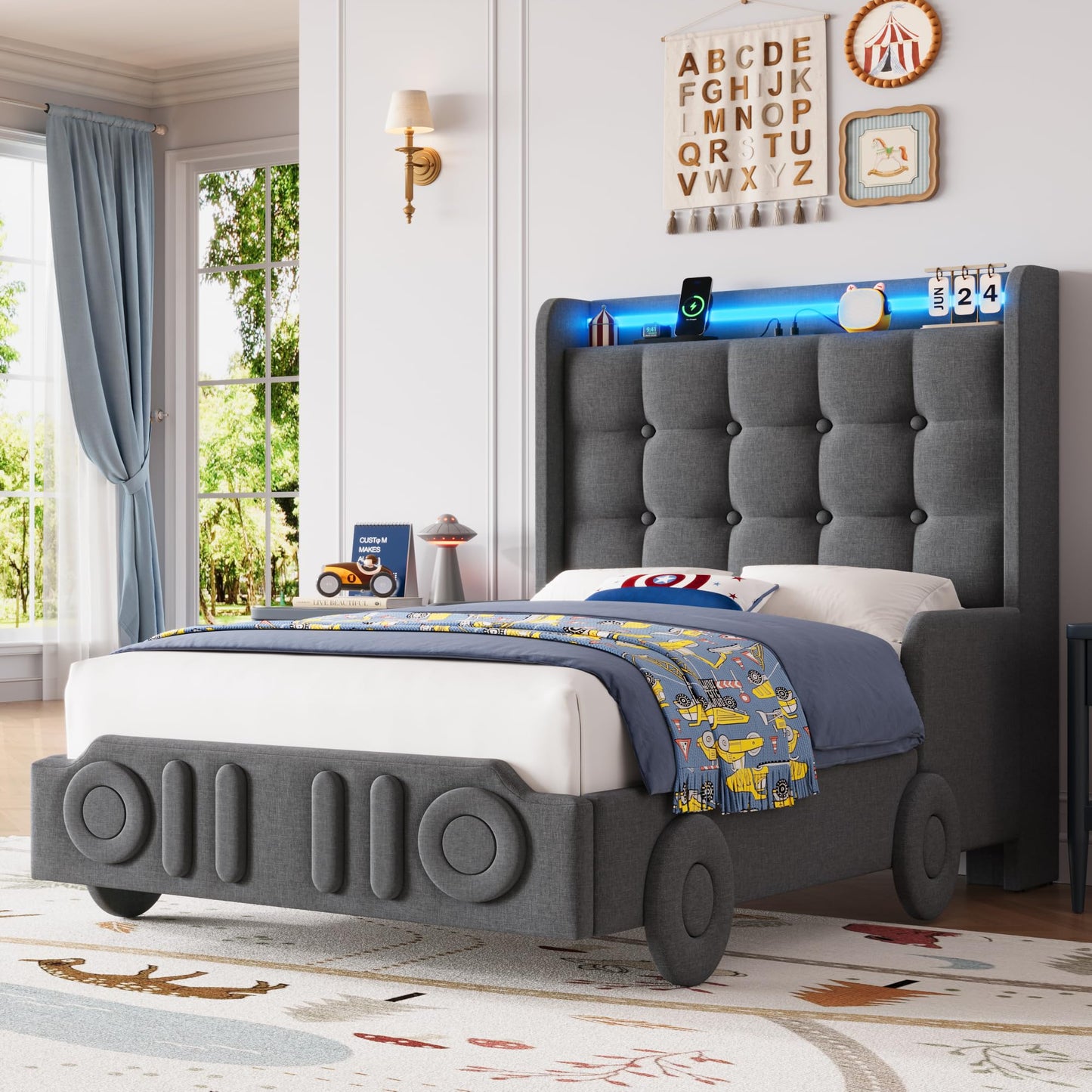Keyluv Twin Car Bed Frame with LED Lights and Charging Station, Upholstered Platform Bed with Button Tufted Headboard and Wheels, No Box Spring Needed, Noise-Free, Easy Assembly, Fabric, Dark Grey