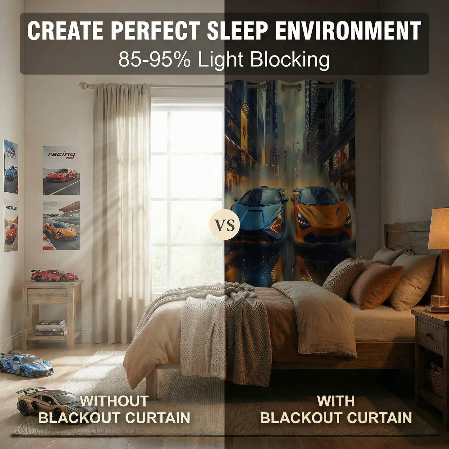 terxgrl Race Car Blackout Curtains for Boys Room, Racing Sports Car Window Drapes for Kids Bedroom, Blue Orange Supercar Darkening Curtains for Teen Gamer Room, 42 x 45 Inch
