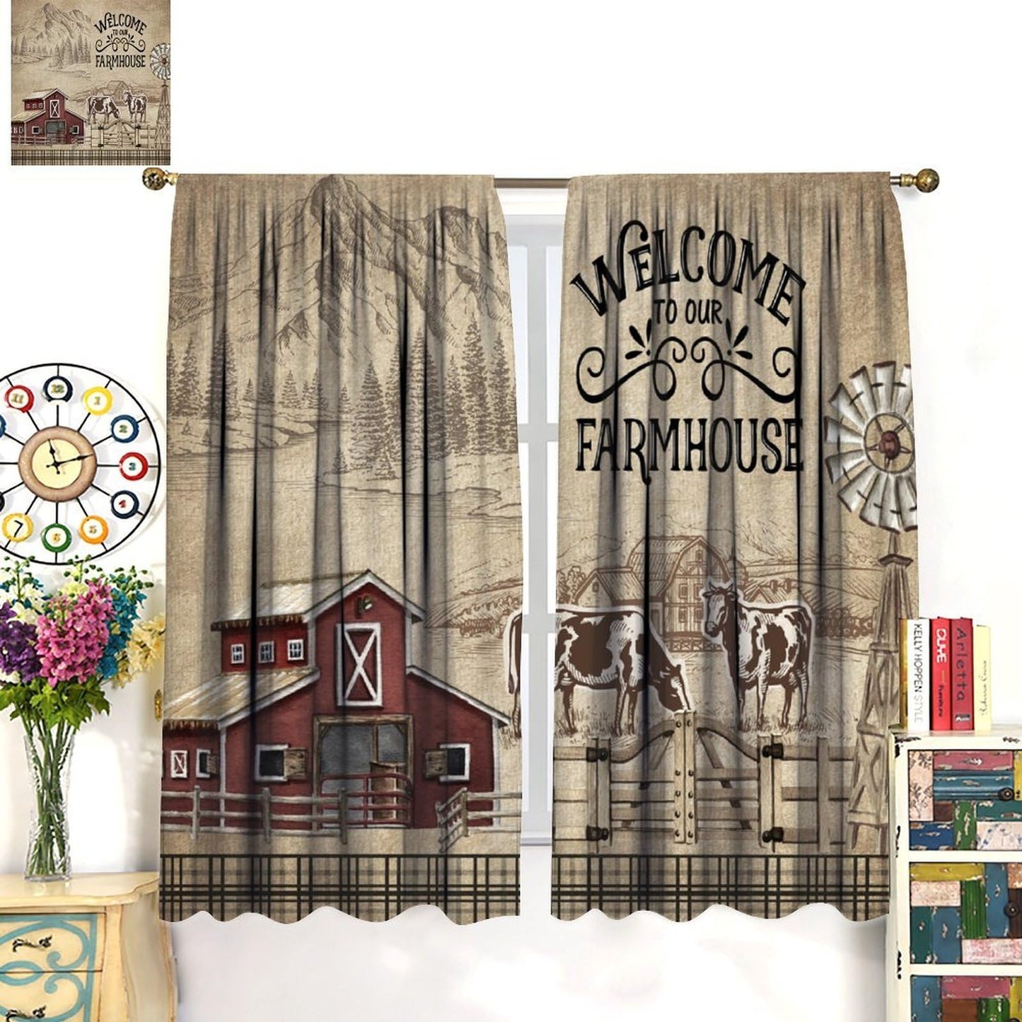 VUMIVI Farm Curtains Cows Windmill Fence Forest River Mountains Rustic Natural Landscape Rod Pocket Window Treatments for Bedroom Kitchen Living Dining Apartment Dorms Cafe 42" W X 44.5" L