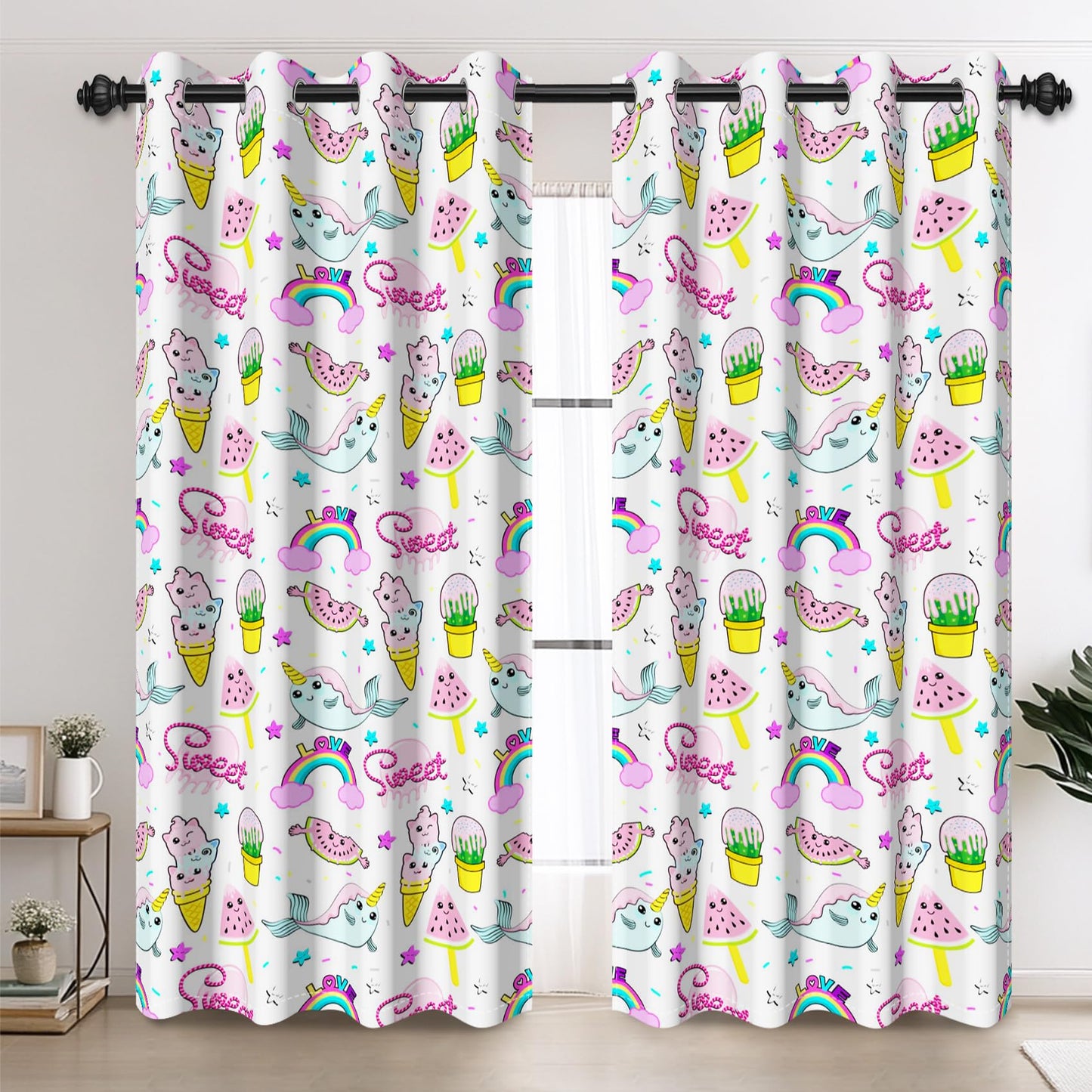 AOFOTO Cute Unicorn Narwhal Rainbow Pattern Kids Bedroom Curtains 2 Panel Sets, Summer Watermelon Ice Cream Print Blackout Curtains Pink Window Drapes for Girls Bedroom Nursery Decor 42x63 Inches