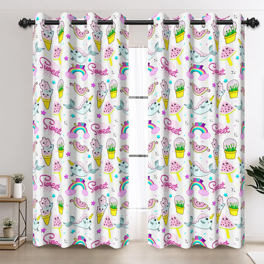 AOFOTO Cute Unicorn Narwhal Rainbow Pattern Kids Bedroom Curtains 2 Panel Sets, Summer Watermelon Ice Cream Print Blackout Curtains Pink Window Drapes for Girls Bedroom Nursery Decor 42x63 Inches