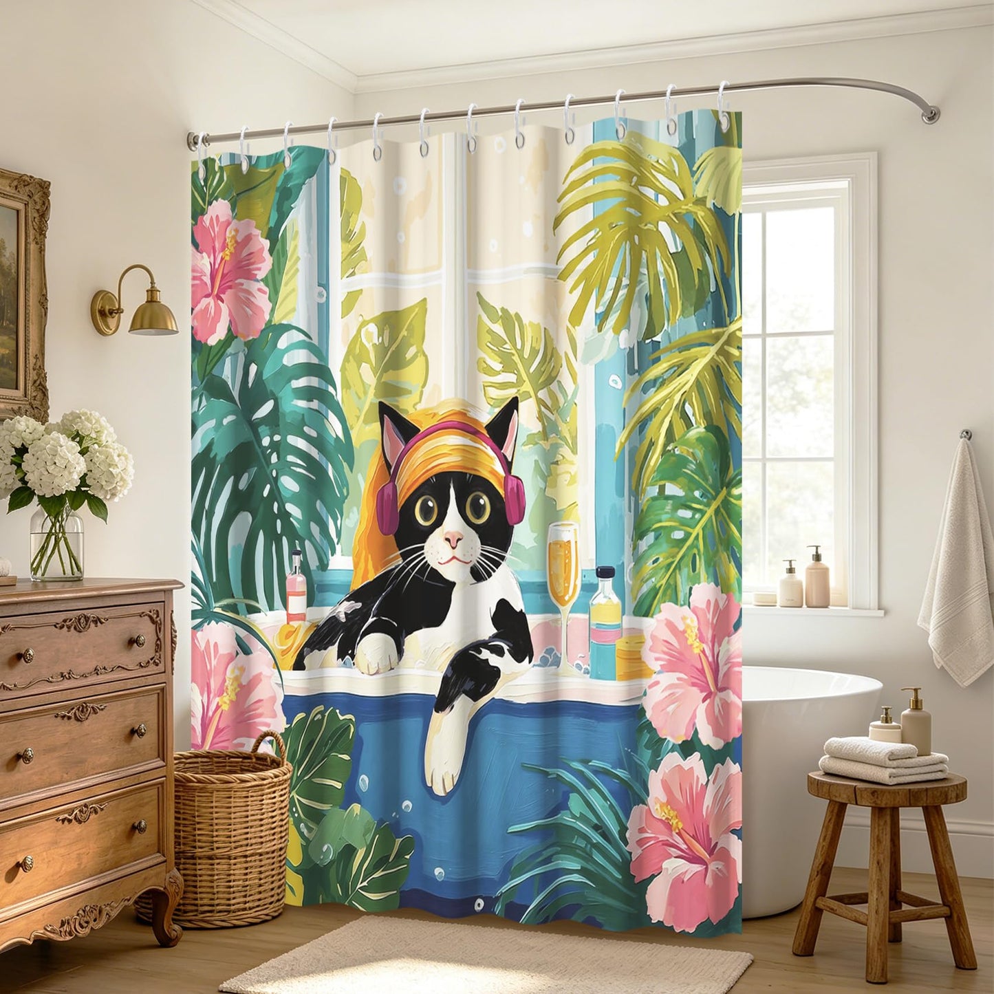 GICDSU Funny Cat Shower Curtain Boho Cute Black Cats Shower Curtain for Bathroom Pink Tropical Matisse Kitten Plam Tree Bath Curtains with Hooks Waterproof Fabric Bathtub 72x72 Inch