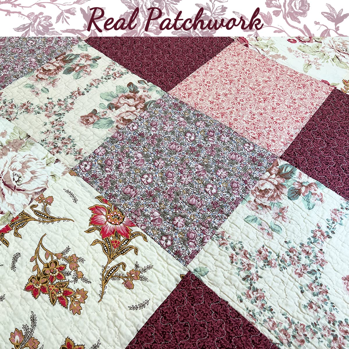 Cozy Line Home Fashions Floral Real Patchwork Burgundy Red Coral Pink Scalloped Edge Country 100% Cotton Quilt Bedding Set, Reversible Coverlet Bedspread (Georgia, Queen - 3 Piece)