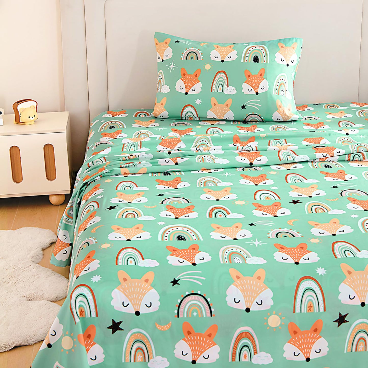 MICORAL Kids Twin Sheet Set, 3 Pieces Sheets for Boys & Girls, Soft Printed Microfiber Bed Sheets, Deep Pocket Cozy Toddler Bedding Set, Fox