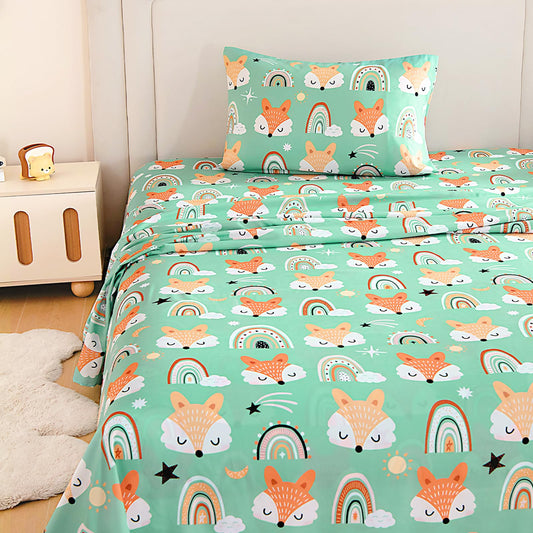 MICORAL Kids Twin Sheet Set, 3 Pieces Sheets for Boys & Girls, Soft Printed Microfiber Bed Sheets, Deep Pocket Cozy Toddler Bedding Set, Fox