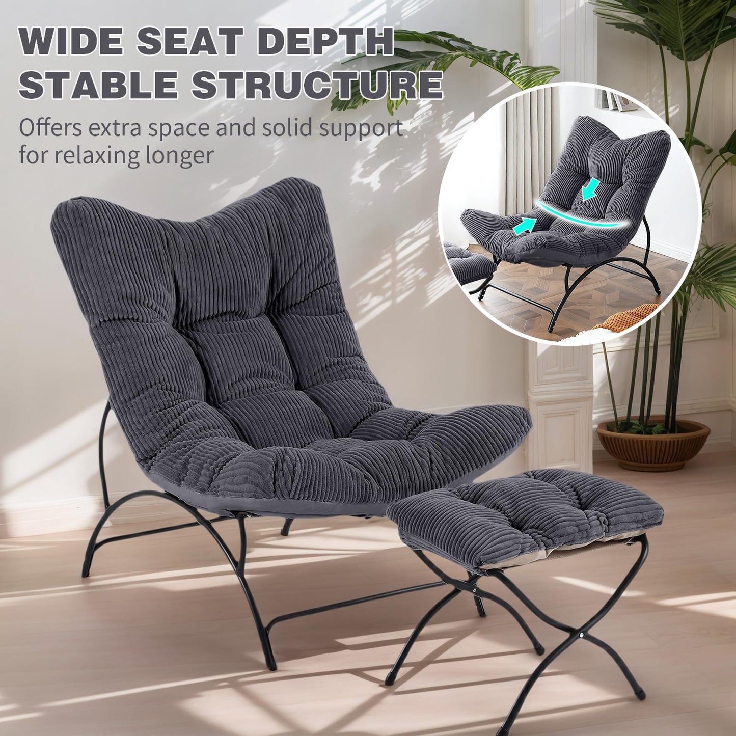 Welnow Modern Accent Chair with Ottoman, Upholstered Comfy Lounge Recliner Sofa, Thick Cushion Oversized Lazy Reading Chair with Footrest for Living Room, Bedroom, Apartment, Office, Dorm, Dark Grey