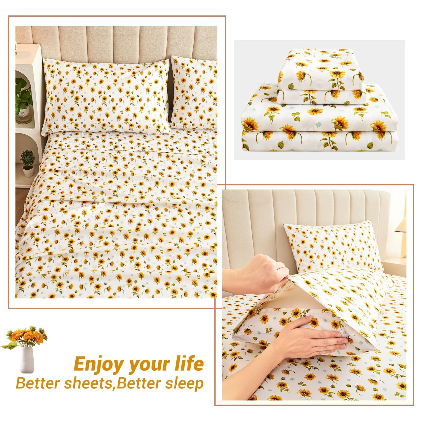 Softan Yellow Floral Sheet Set King, Sunflower Printed Bed Sheets King, Brushed Microfiber Fitted Sheet with 15" Deep Pocket & Non-Slip Straps, Yellow Flower Patterned Sheet & Pillowcase Sets