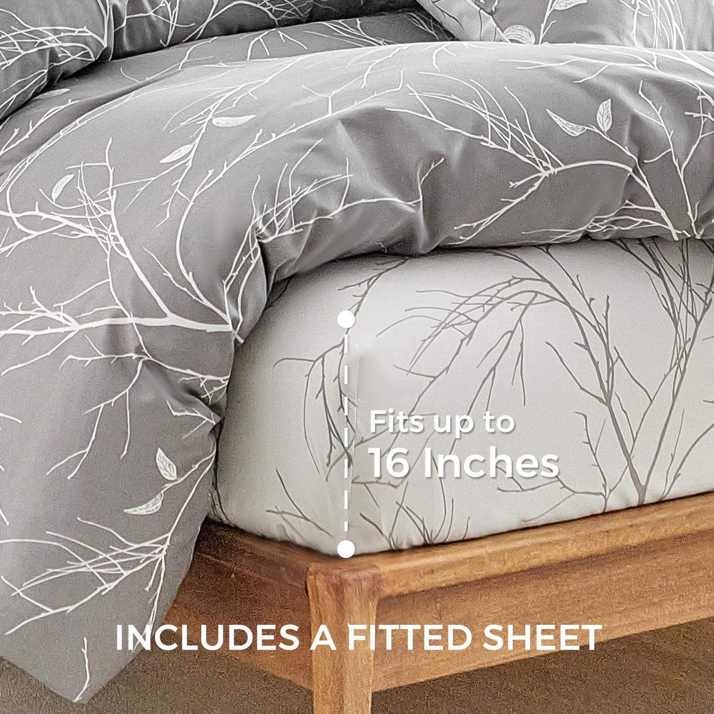 Lekesky Duvet Cover Queen Size with Fitted Sheet - 4 Pieces Printed Soft Bedding Set, Includes 1 Duvet Cover 90x90 Inches with Zipper Closure & 8 Ties, 2 Pillow Cases, 1 Fitted Sheet, Grey Leaves