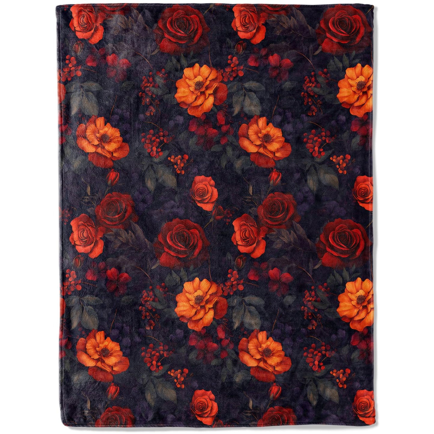 ainori Gothic Red & Orange Rose Flannel Blanket - Dramatic Floral Design with Deep Hue Lush Bloom Throw - Soft Cozy Gifts Blankets for Elegant Decor, Flower Lovers, Room Home Accent 50x60in
