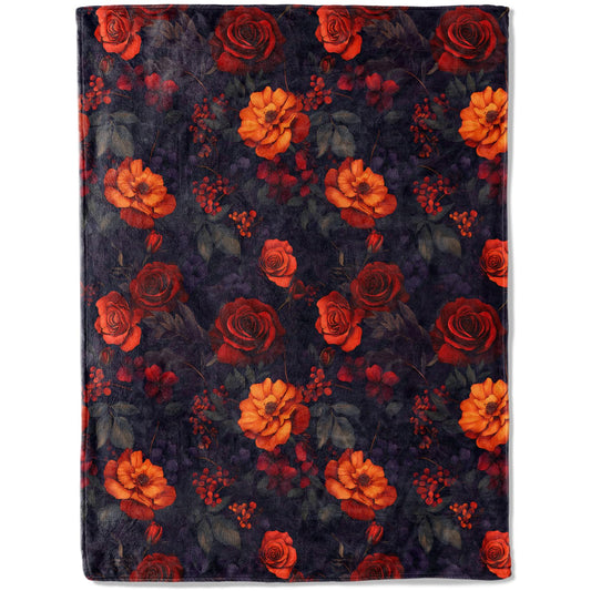 ainori Gothic Red & Orange Rose Flannel Blanket - Dramatic Floral Design with Deep Hue Lush Bloom Throw - Soft Cozy Gifts Blankets for Elegant Decor, Flower Lovers, Room Home Accent 50x60in