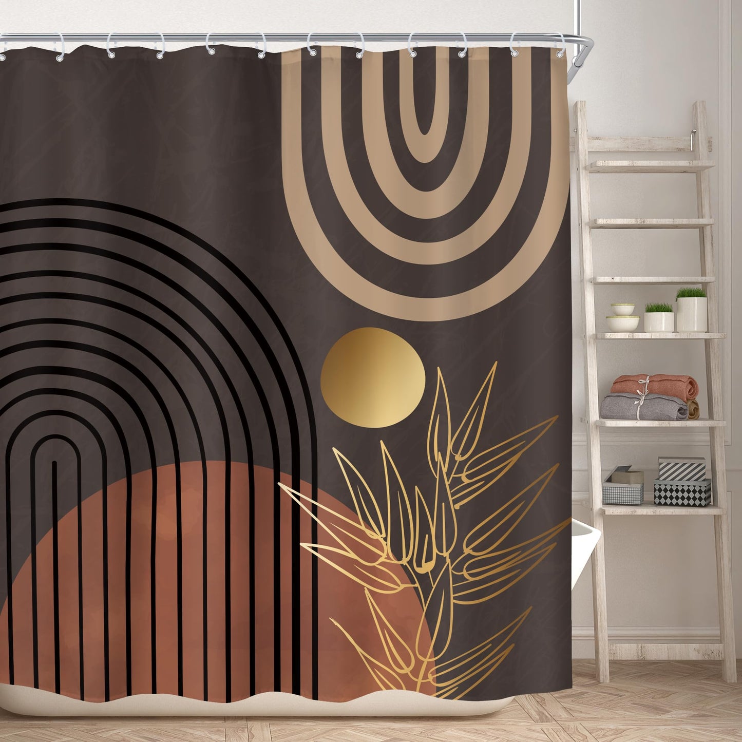 KOMLLEX Dark Brown Abstract Boho Shower Curtain for Bathroom Decor 60Wx72H Minimalist Aesthetic Mid Century Modern Shower Curtain Tan Palm Leaves Simple Fabric Waterproof Polyester 12 Pack Hooks