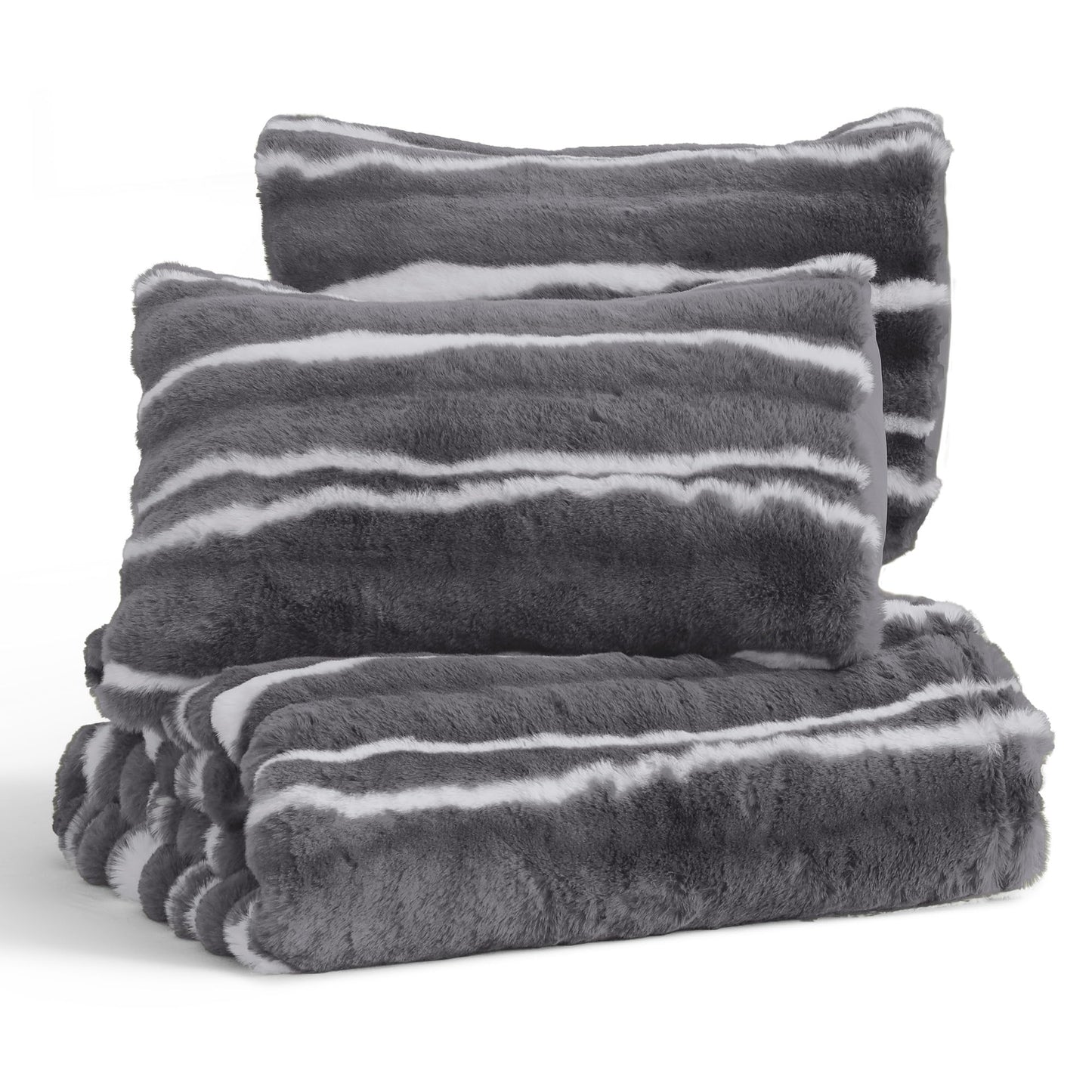 Wonderful 3 Pieces Fluffy Faux Rabbit Fur Comforter Set King Size, Dark Gray Plush Fuzzy Bedding Set, Animal Stripes Design Warm Soft Comforter Bedding Set for All Season,104"x94"