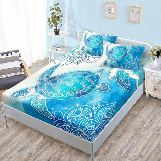 HOSIMA Sea Turtle Bedding Set,Coastal Beach Themed Bedroom Fitted Sheet Queen Size for Kids Teen Girls Boys Room Decor,1 Fitted Sheet+2 Pillowcases.