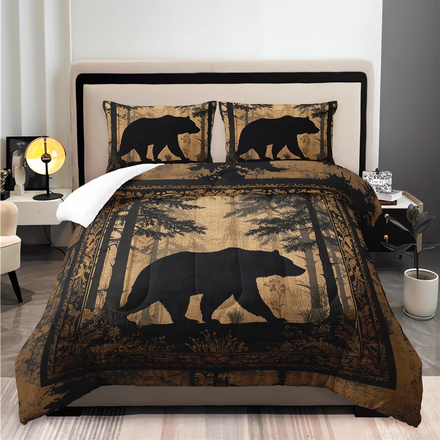 XYNHML Black Bears Hunting Animal Comforter 3Pcs Twin Wildlife Bear Forest Pine Tree Bedding Set for Kid Teen Boy Girl Adult Retro Rustic Bear Plant Quilt Bed Decor with 1 Comforter & 2 Pillowcases