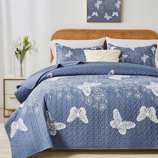 Yogeneg King Size Quilt Set,White Butterfly Botanical Pattern Blush Grey Bedding Set,3 Piece Lightweight Soft Summer Bedspread Coverlet with 2 PIillow Sham for All Season(Butterfly,110"x96")