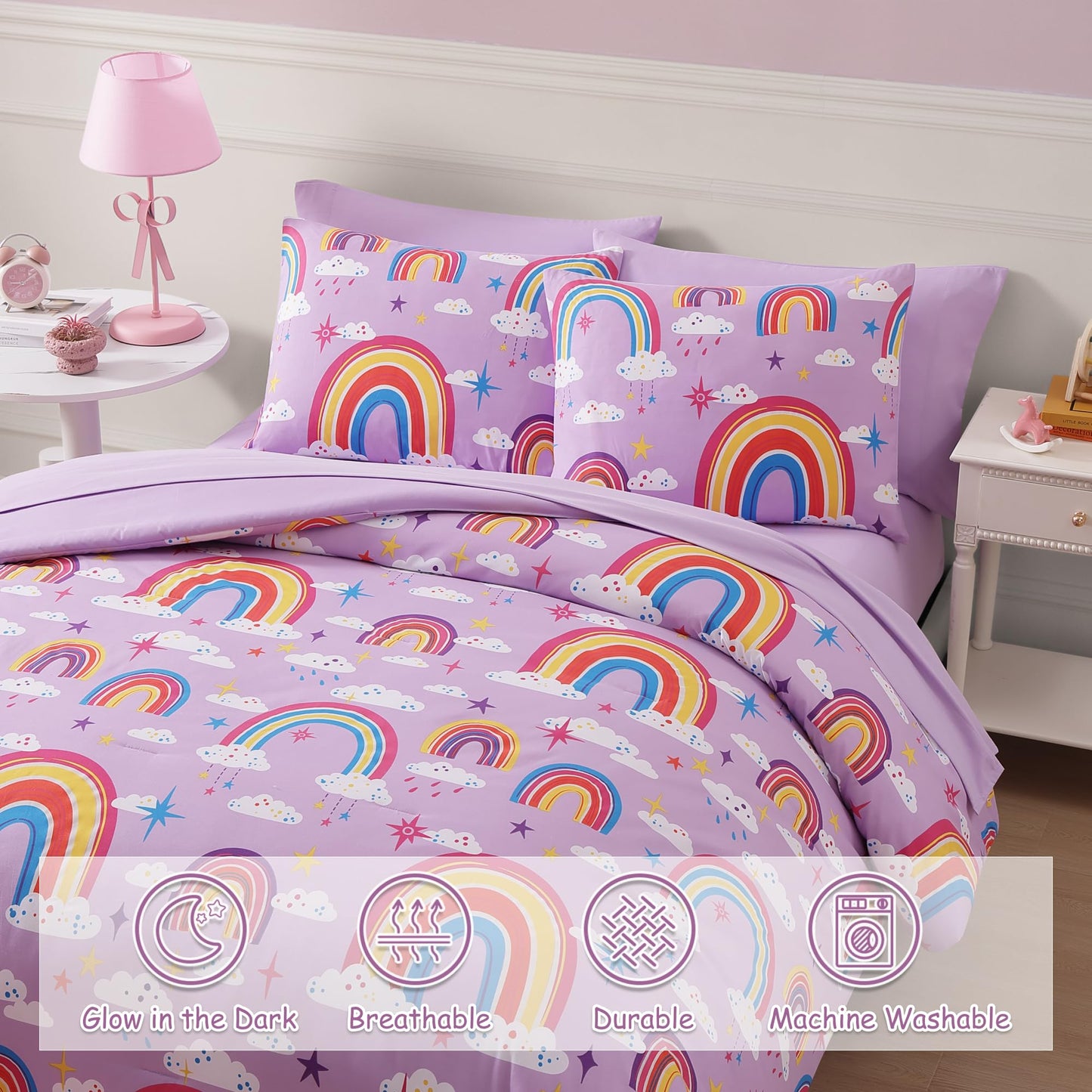 Kaleido Space Twin Kids Comforter Set - 5 Pieces Twin Bedding Sets for Girls Teen, Glow in The Dark Purple Rainbow Bed in A Bag with Sheets