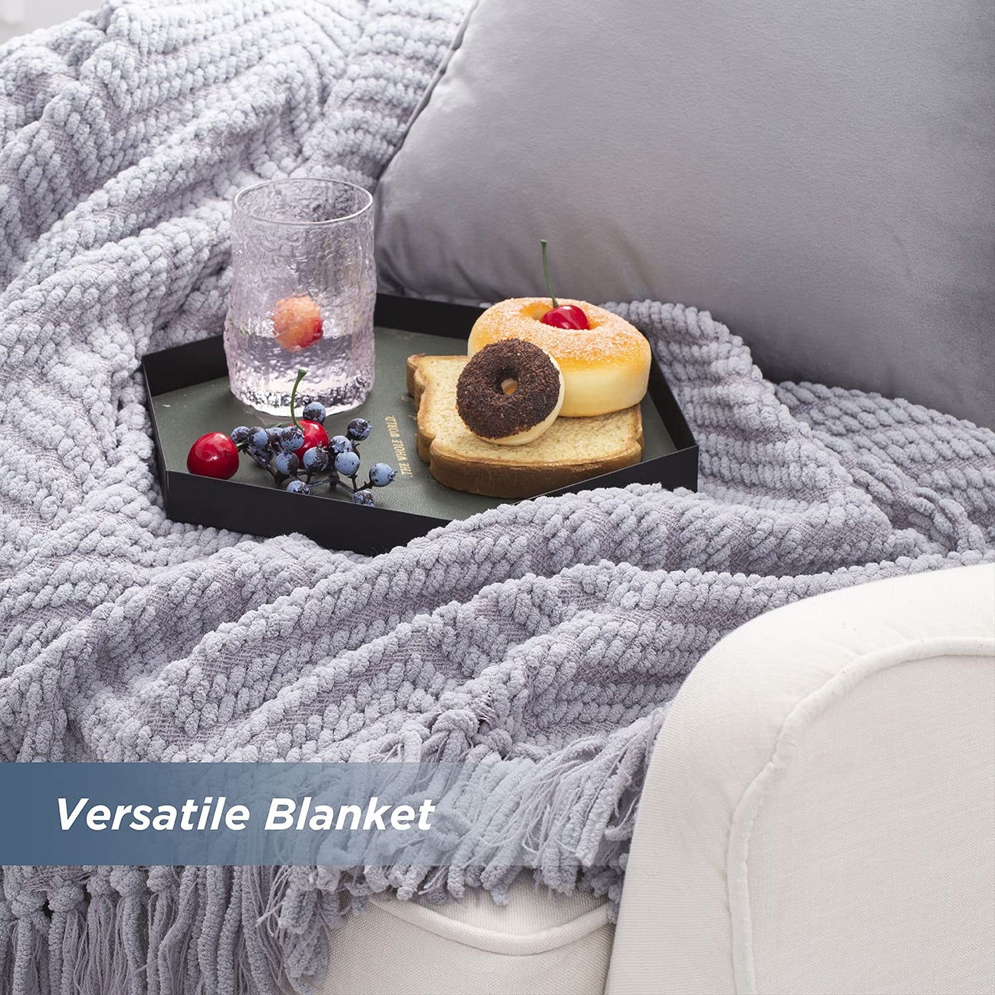 Bedsure Throw Blankets for Couch - Textured Chunky Knit Woven Chenille Blanket - Super Soft, Warm Decorative Boho Throw with Tassels for Bed, Sofa and Living Room Decor, Grey, 50x60 Inches