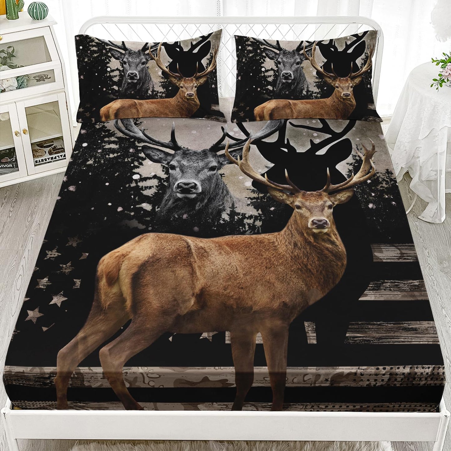 HOSIMA Snowy Forest Animal Bedding Set with 2 Pillowcases,Camo American Flag Twin Bed in a Bag Set for Adults Teen Mens Bedroom Essentials,Wildlife Elk Deer Fitted Sheet Deer Bedding.