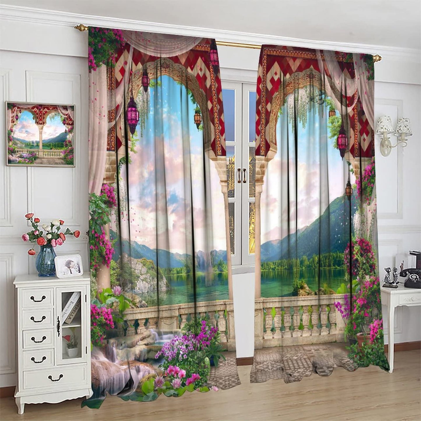 Italian Natural Scenery Curtains,Beautiful Mountain Lake Stone Arch View Room Darkening Thermal Insulated Window Curtain for Living Room Bedroom Decor W42xL45in