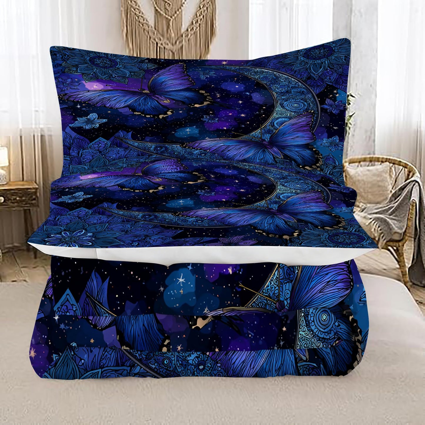 EDGZKO Butterfly Comforter Set, Queen Size Boho Floral Bedding Set for Boys Girls Kids Adults, Gothic Moon Quilt Duvet Breathable Star Sky Bed Set, 1 Comforter & 2 Pillowcases