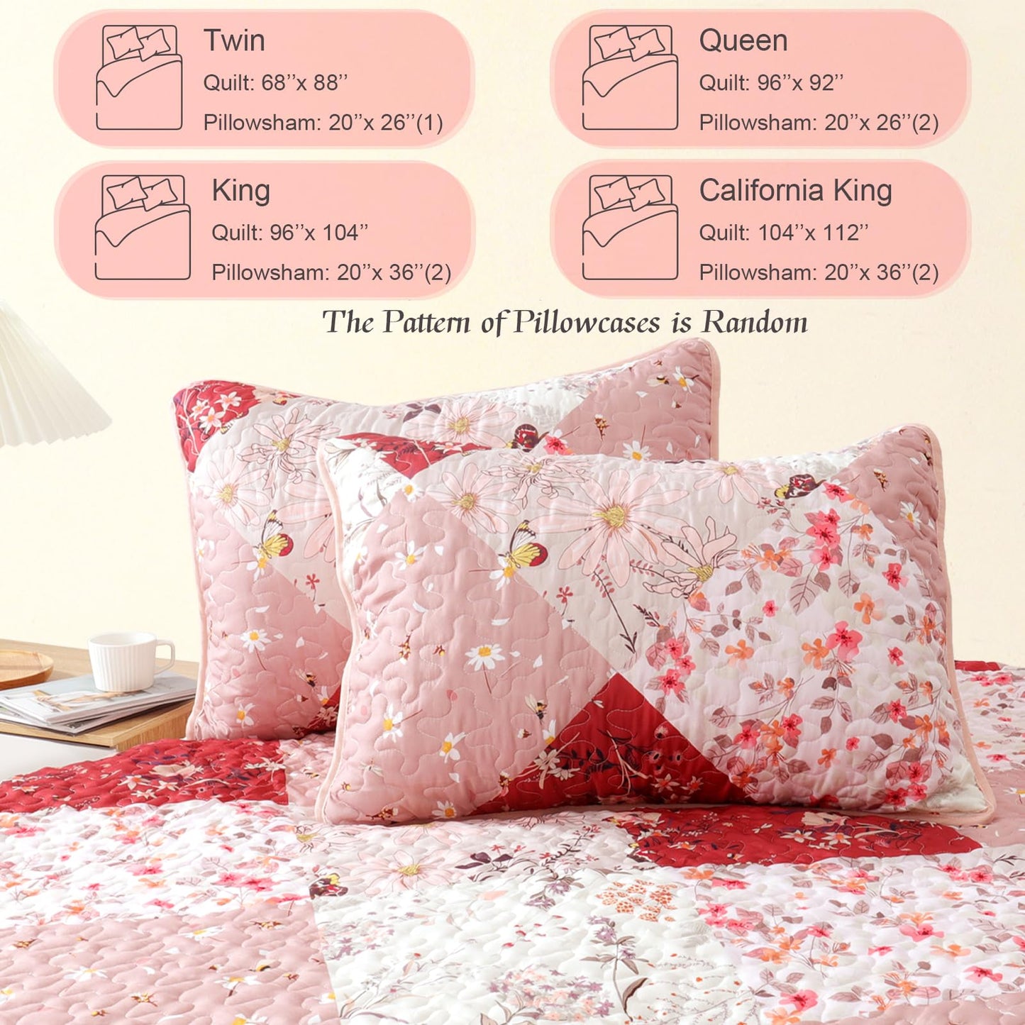 Whale Flotilla Patchwork Quilt King Size, Extra Soft Boho Floral Bedspreads for Bed Reversible Lightweight King Quilt Bedding Set Printed Coverlets with 2 Pillow Shams for All Seasons, Red