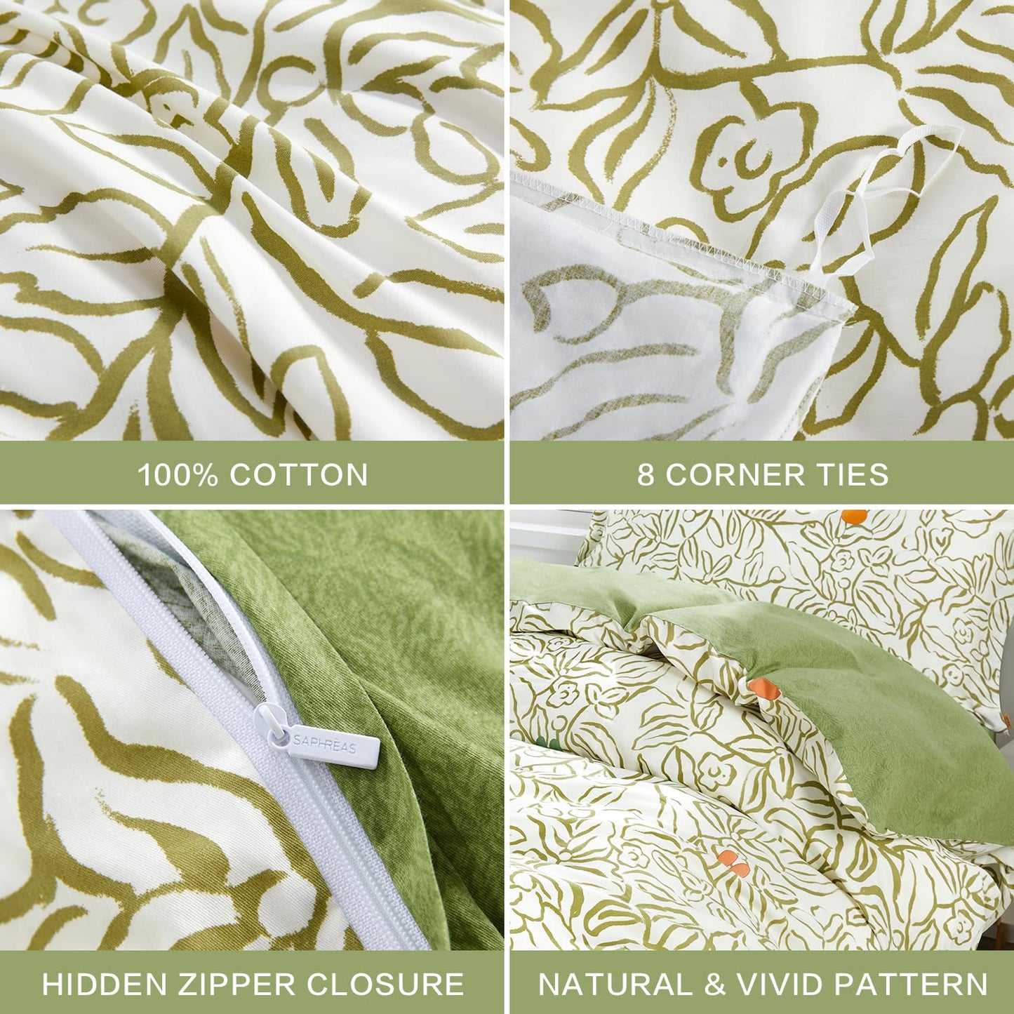 SAPHREAS Green Vine Duvet Cover Full Size Set 3pcs Abstract Botanical Plant Leaves Bedding Comforter Cover Set Garden Style 1 Duvet Cover 2 Pillow Shams, Comforter Not Included