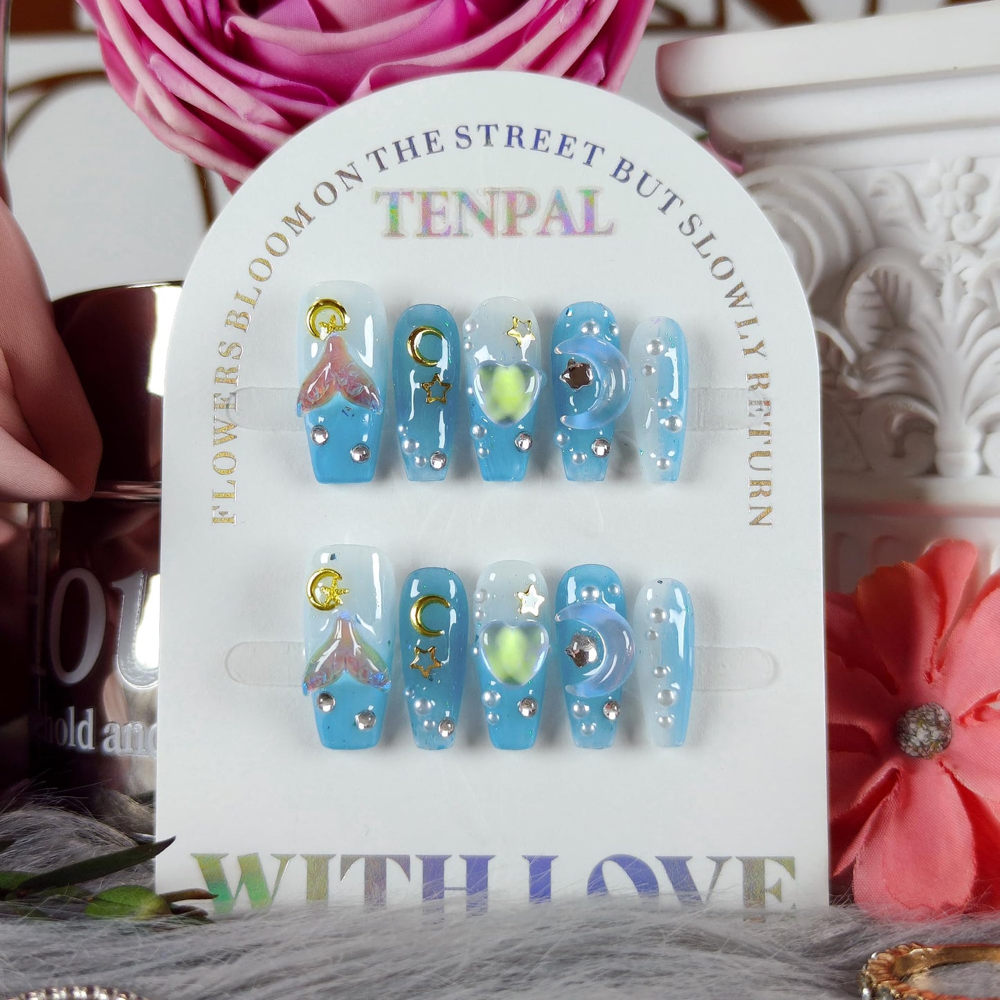 TENPAL Blue Mermaid Ombre Handmade Press on Nails Coffin,10Pcs 3D Glowing Hearts Seashells Designs Glue on Nails Kit,Ocean Siren Vibes Fake Nails for Summer, Sea Nails for Dressing(XS)