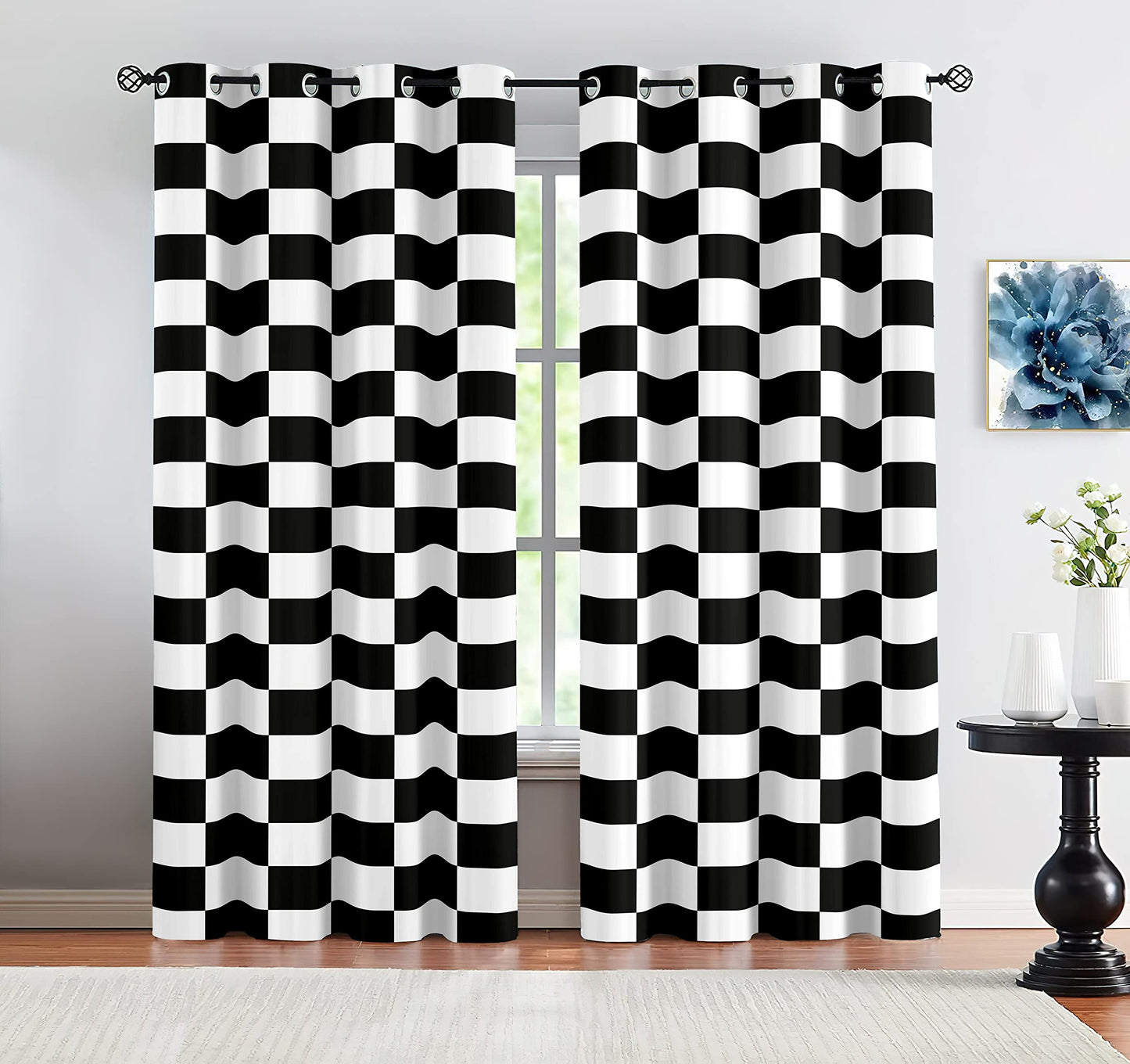 Black and White Window Drapes Curtain Checkered Flag Racing Race Car Line Rod Pocket Drapes Curtain for Living Room Home Decor 26x84 Inches 2 Panels