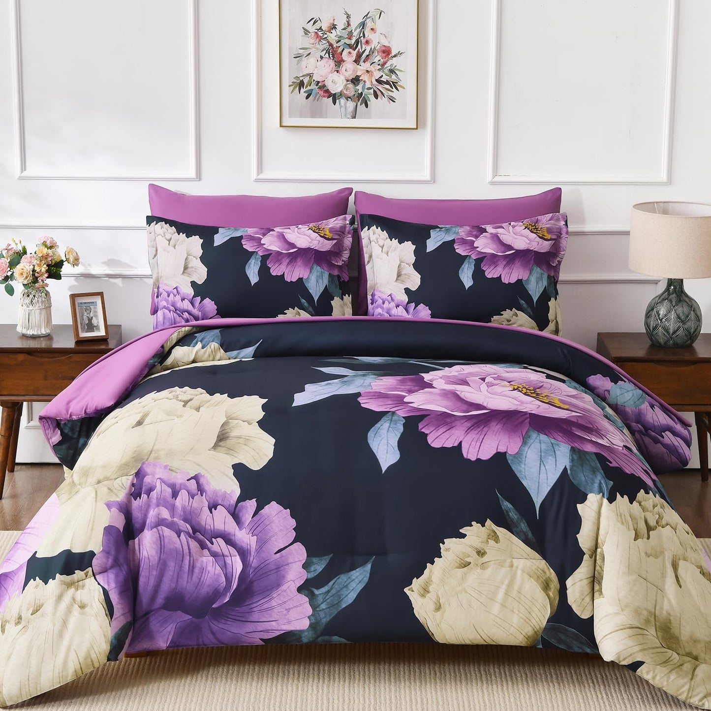Dobuyly Dark Purple Comforter Set Queen 7 Piece Bed in a Bag, Elegant Floral Comforter Set with Sheets, Soft Microfiber Botanical Flower Bedding Set for All Season