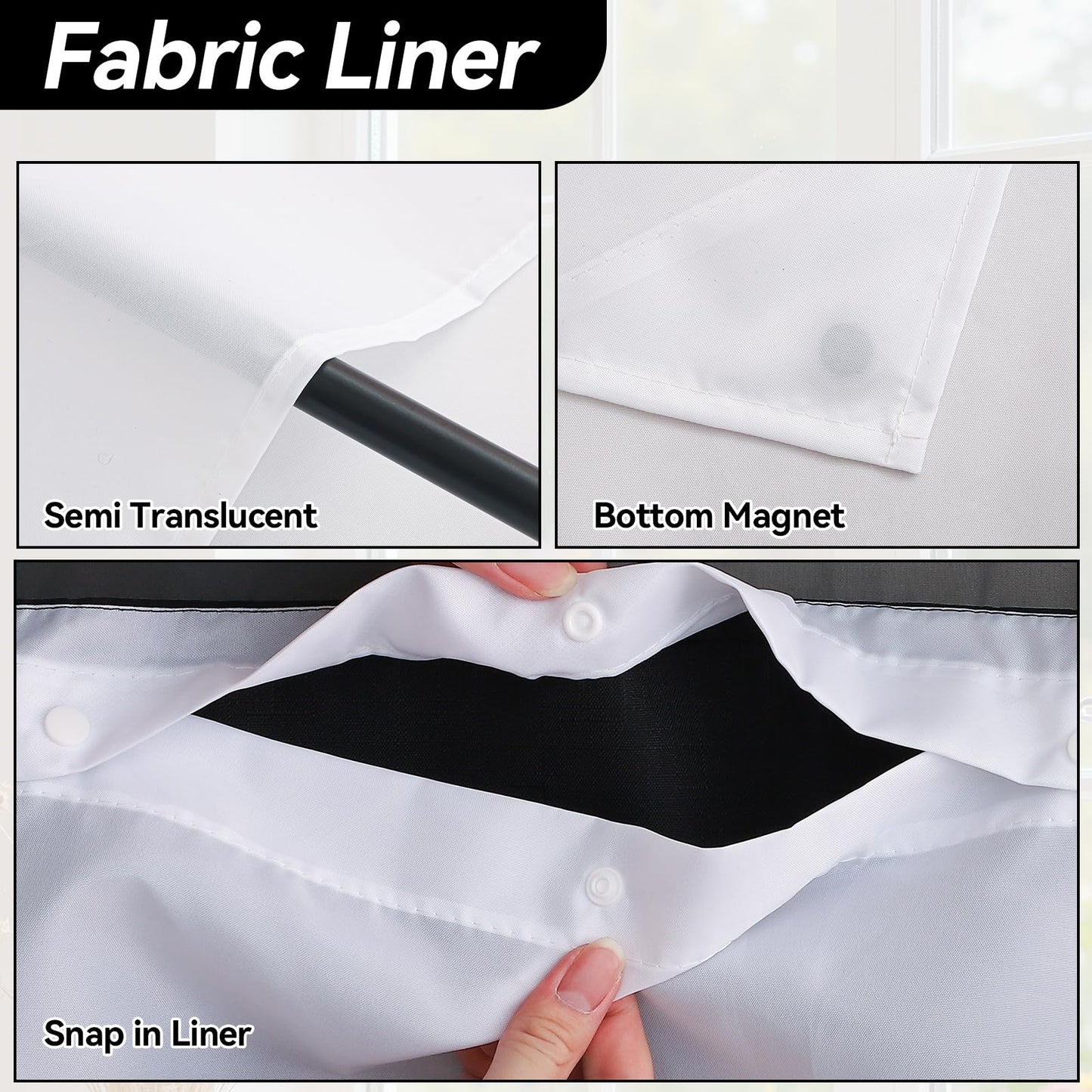 Blotixn No Hook Slub Textured Shower Curtain with Snap in Fabric Liner, Modern Hotel Style with See Through Top Window, Black Fabric Outer Curtain & Waterproof Inner Liner, 72 * 75 in