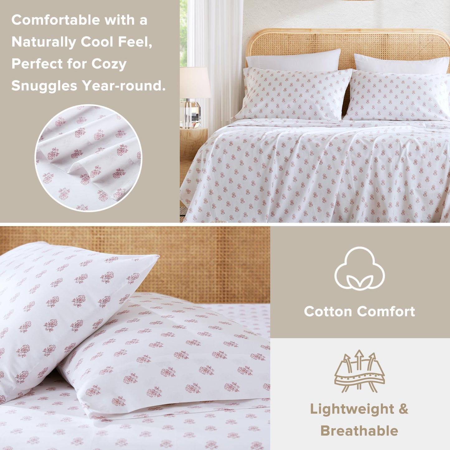 Comfort Spaces 100% Cotton Sheets King, Breathable, Naturally Cool Cotton Sheets, Soft Cotton Bed Sheets with 14" Elastic Pocket Fits up to 16" Mattress, All Seasons Sheet Set, Floral Pink 4 Piece
