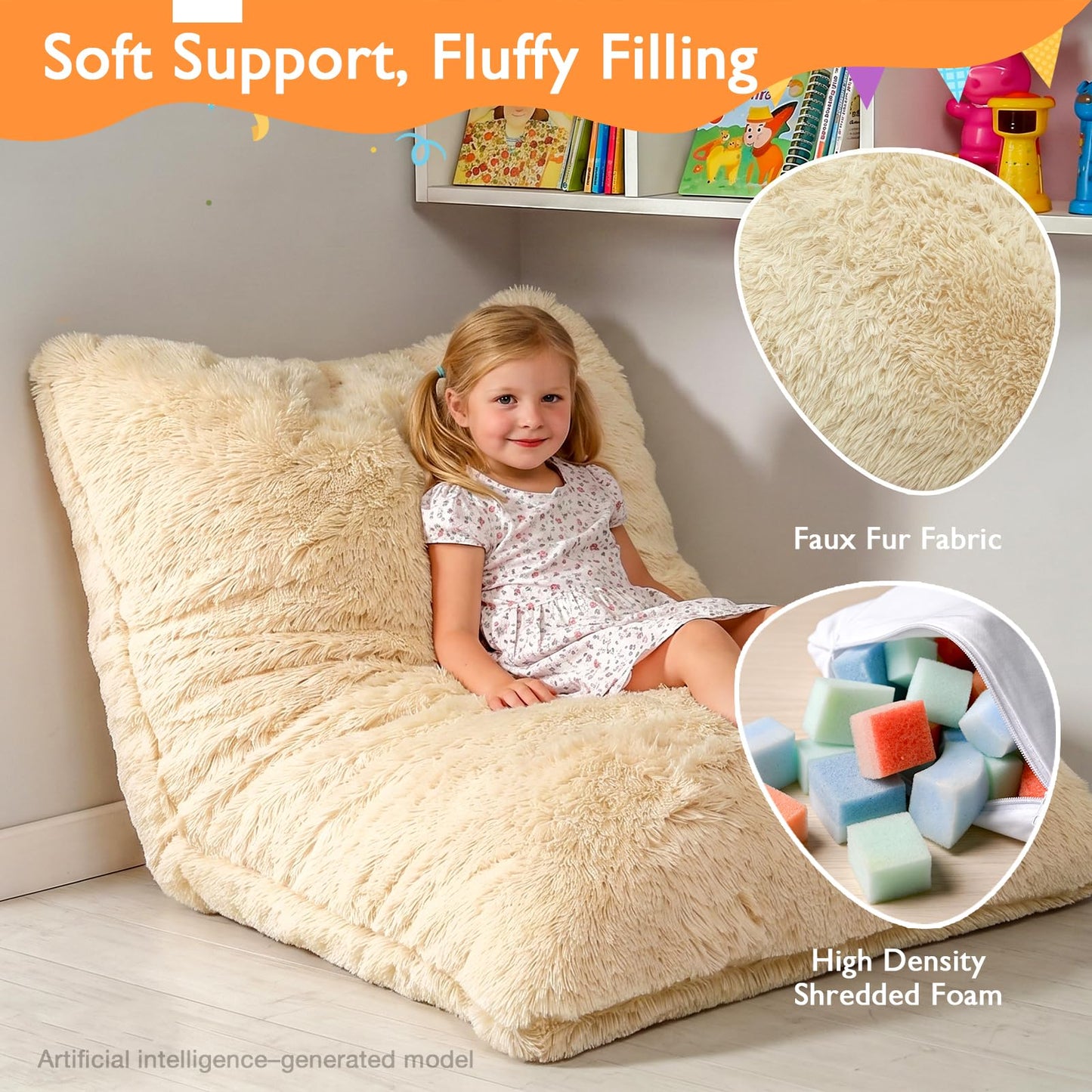 Treokion 3 in 1 Kids Bean Bag Chair Bed, Kids Fluffy Stuffed Floor Pillow for Gaming and Reading, Ultra Soft Faux Fur Fabric Bean Bag Chairs to Lounger for Playroom, Living Room, Bedroom, Beige