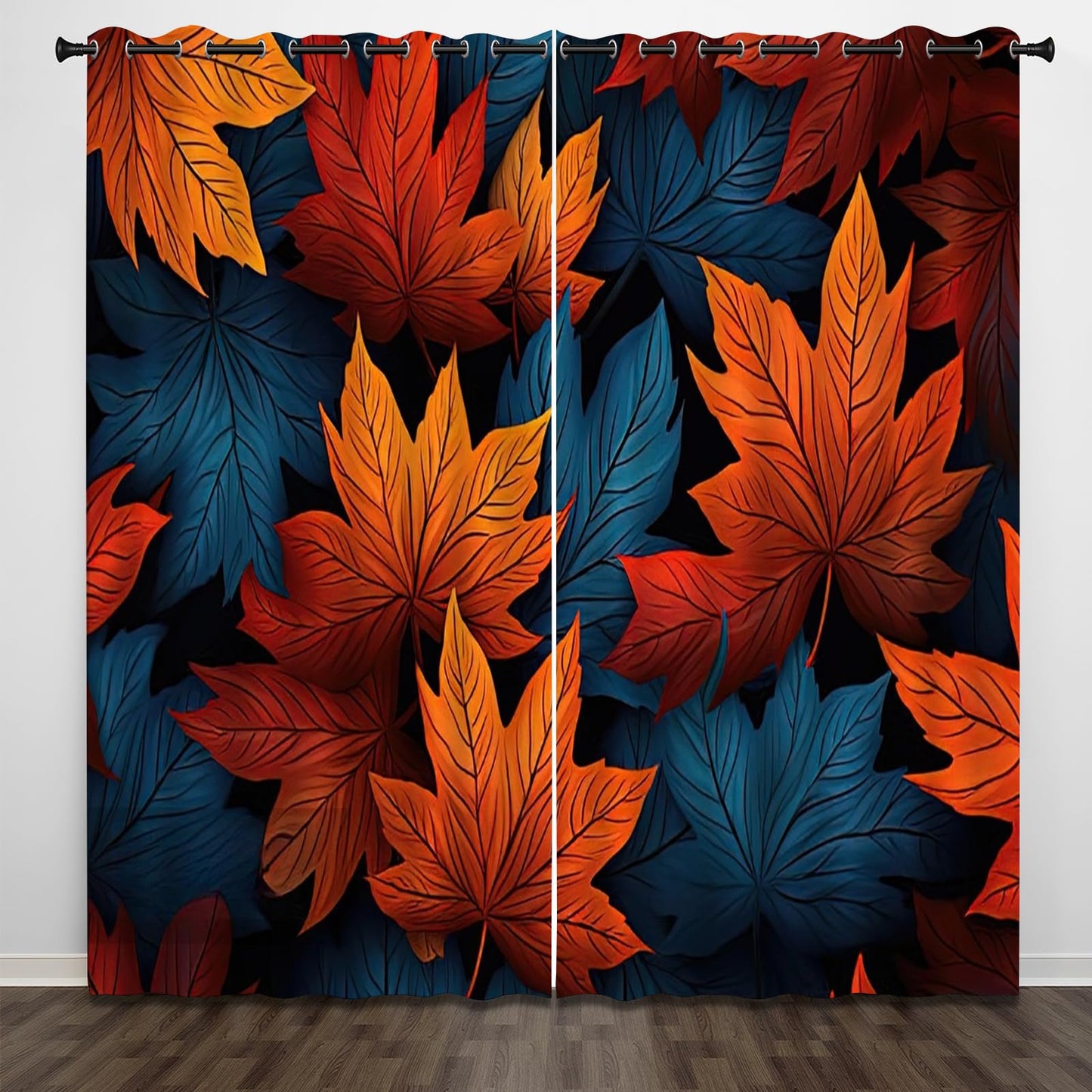 Brown Maple Leaves Blackout Curtains 2 Panels, Simple Plant Texture 3D Print Drapes with Top Grommet for Sliding Glass Door Bedroom Living Room Boy Girl Bedroom Balcony(52" W x 63 "L)