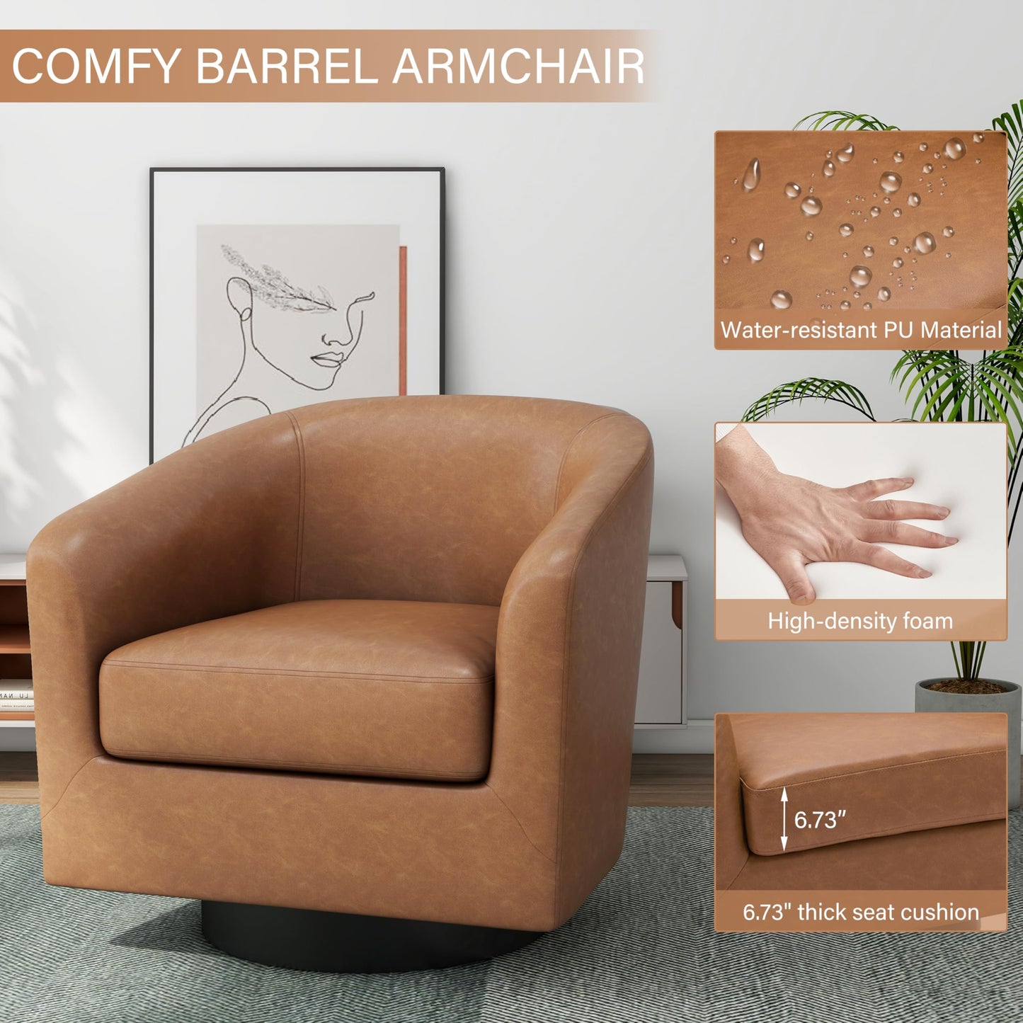 Pia Ricco Swivel Accent Chairs Set of 2, Faux Leather 360° Swivel Round Barrel Chair, Comfy Upholstered Fabric Single Sofa Club Armchair for Living Room/Reading Room, Brown
