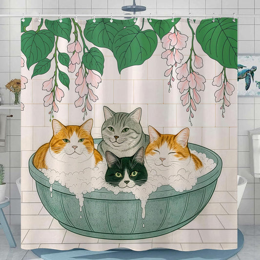 Kanuyee Adorable Cats Shower Curtain Set Cozy Plant Pot Design Waterproof Bathroom Shower Curtain Cute Feline Group Print Charming Home Decor 72x72 Inch