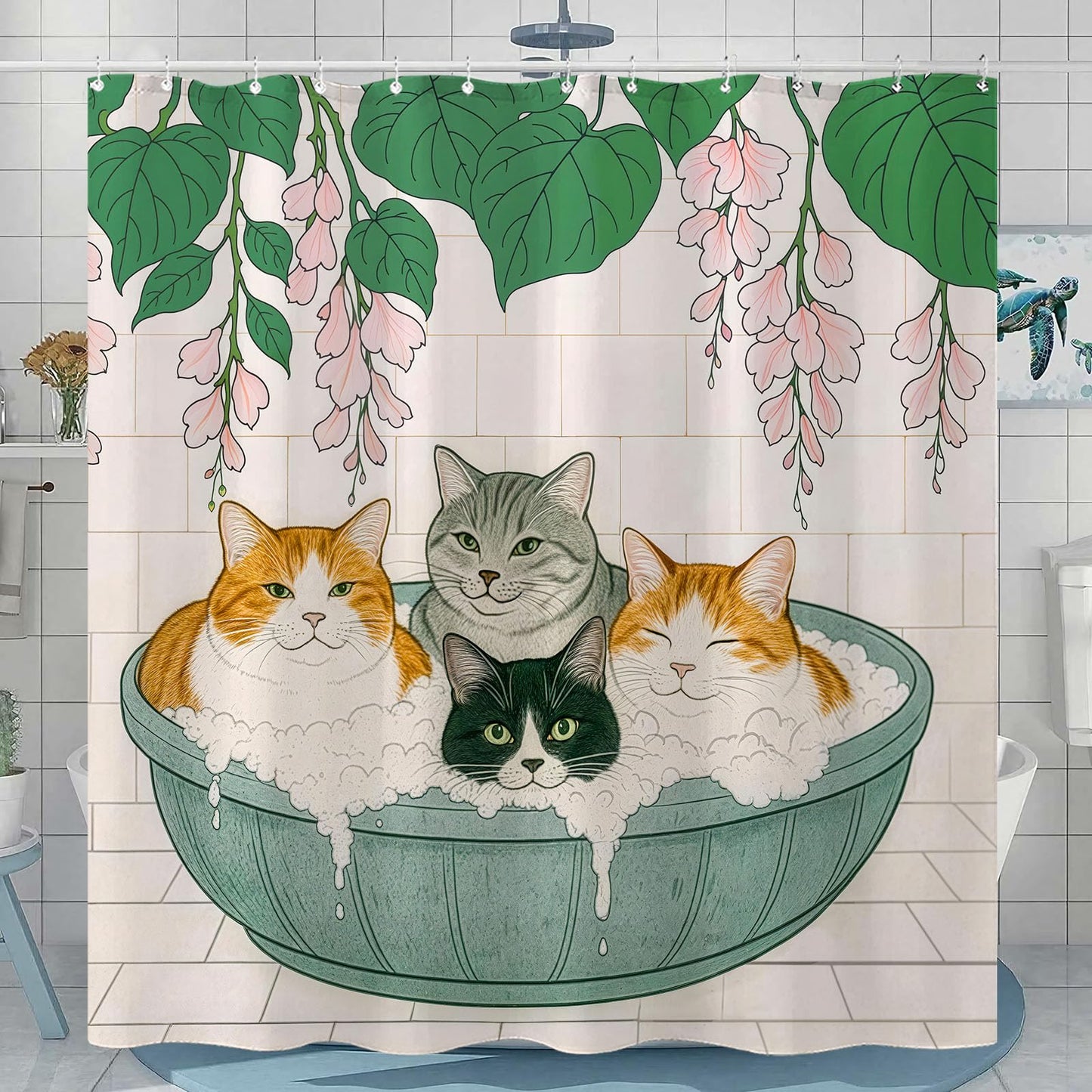 Kanuyee Adorable Cats Shower Curtain Set Cozy Plant Pot Design Waterproof Bathroom Shower Curtain Cute Feline Group Print Charming Home Decor 72x72 Inch