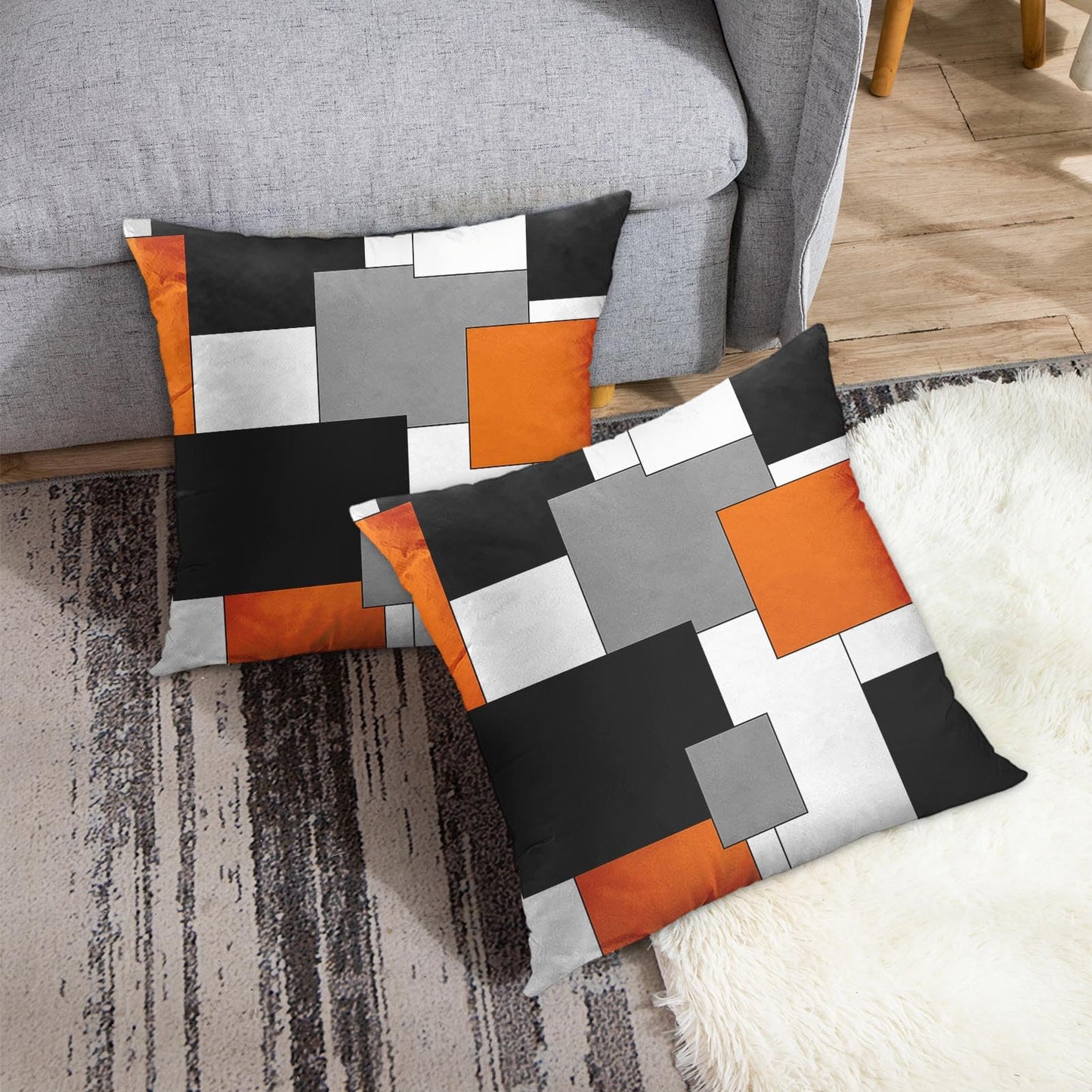 Emvency Set of 2 Orange Geometric Throw Pillow Covers Black Grey White Painting Abstract Checkered Design Decorative Pillow Case Modern Home Decor Standard Square 18x18 Inch Cushion Pillowcase