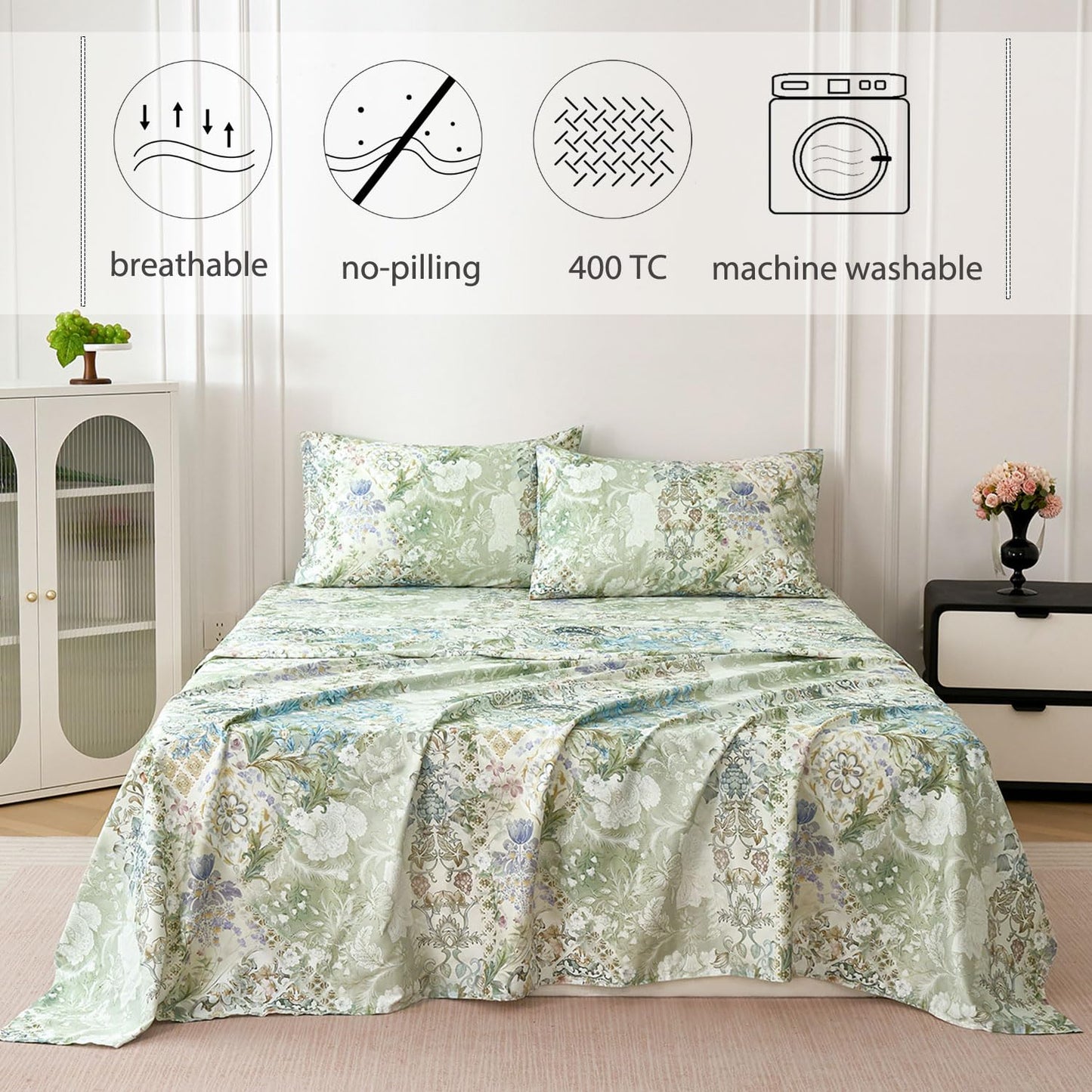 Zusbest Queen Sheet Set Luxury Sage Green Floral Bed Sheets 100% Cotton, Satin Weave Soft Silky Breathable for Hot Sleepers American Country Style Vintage Flower Deep Pocket 17.5‘’ Bed Set 4Pcs