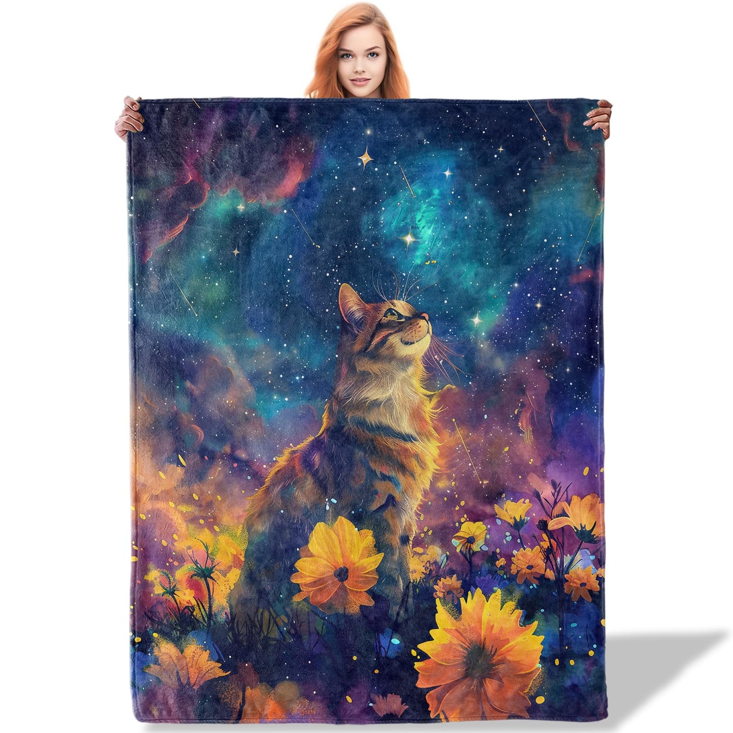Plistiz Galaxy Cat Throw Blanket for Women Girls Boys, Soft Flannel Blankets Gifts for Living Room Couch, Home, Sofa Decor, 50"x60"