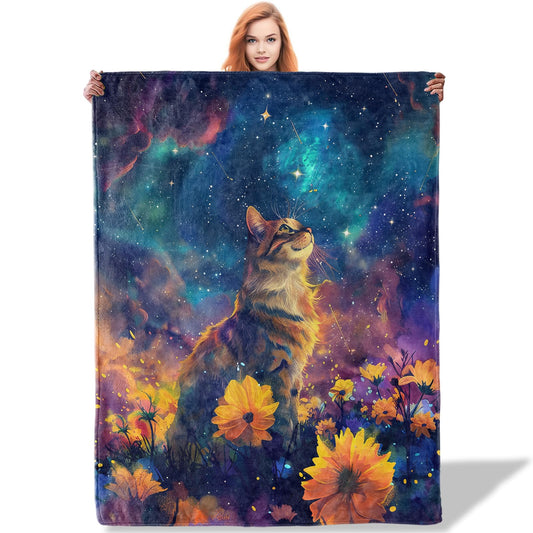 Plistiz Galaxy Cat Throw Blanket for Women Girls Boys, Soft Flannel Blankets Gifts for Living Room Couch, Home, Sofa Decor, 50"x60"